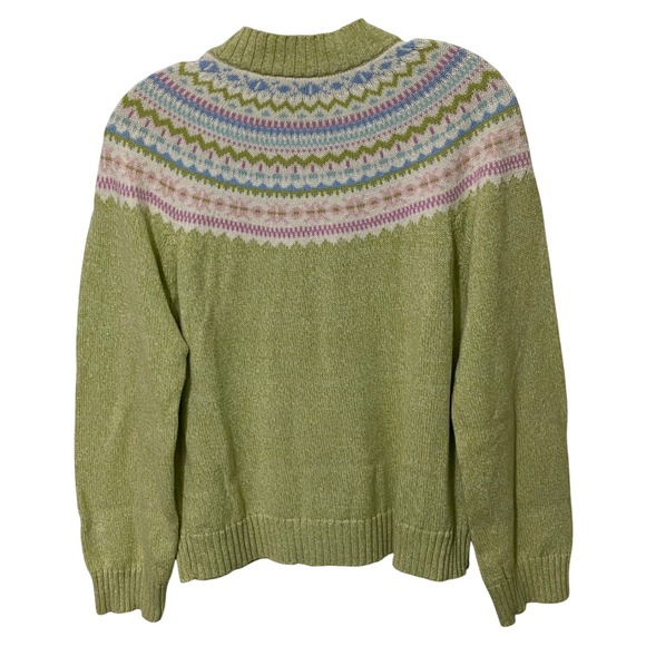 Vintage 90s Fair Isle Zip Up Womens Sweater PM Green Spring Easter Egg Petite - Picture 3 of 6